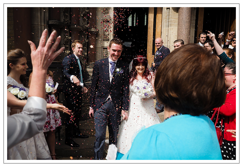 York pavilion wedding - Confetti for the newly married couple outside St Wilfred's roman Catholic church
